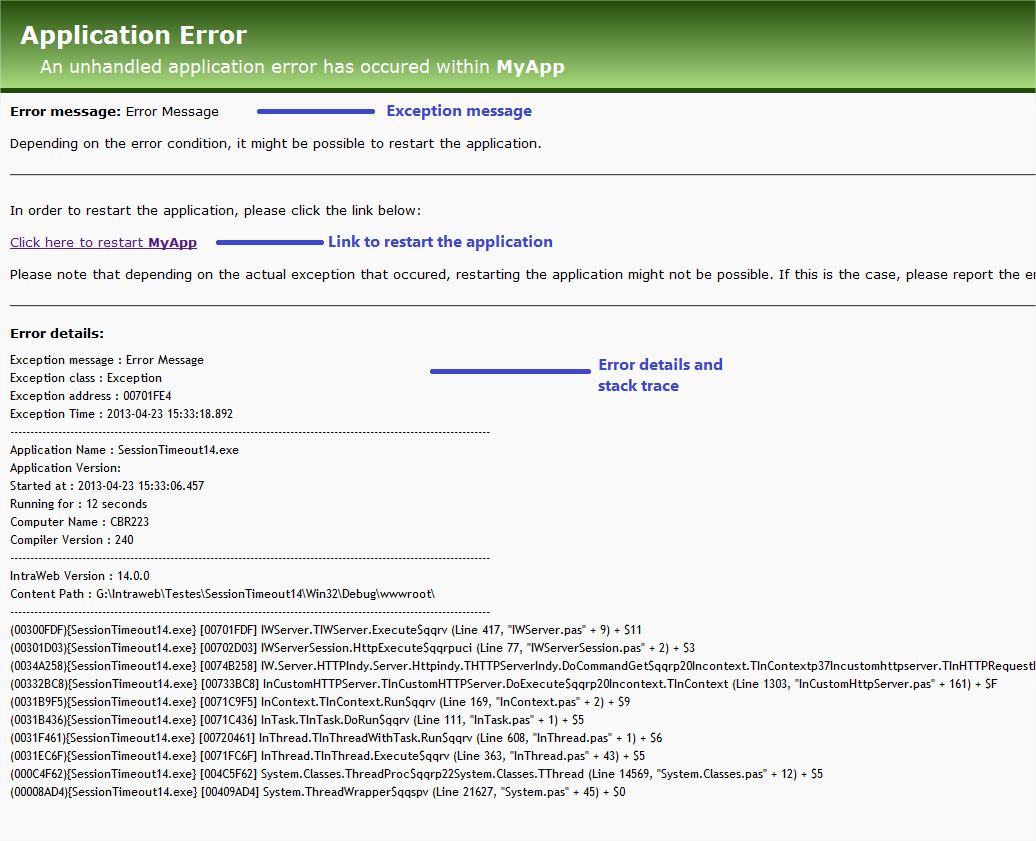 Standard error message page